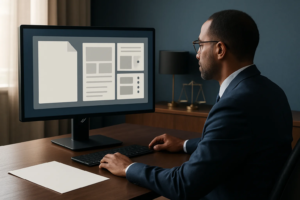 Professional reviewing a structured downloadable legal guide for AI search optimization