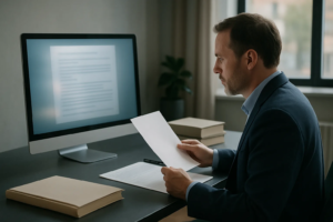 Human review of AI legal content at a professional editorial workstation