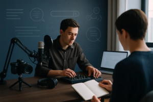Law firm video AI search optimization shown through a professional podcast recording workspace