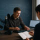 Law firm video AI search optimization shown through a professional podcast recording workspace